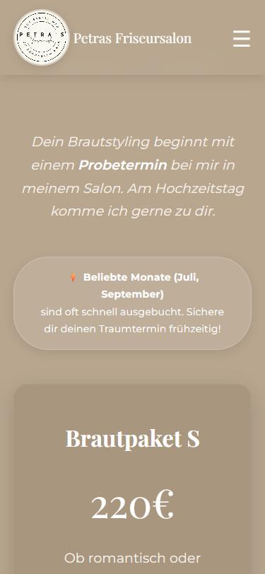 Smartphone-Ansicht: Preisübersicht der Brautpakete